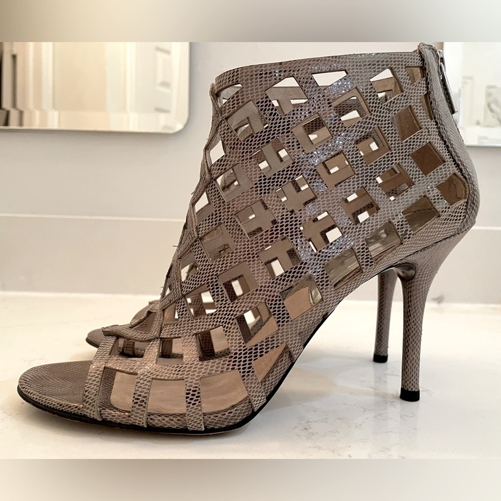 Michael Kors Zip back ankle bootie open toe chrome snake leather - Size 9.5M